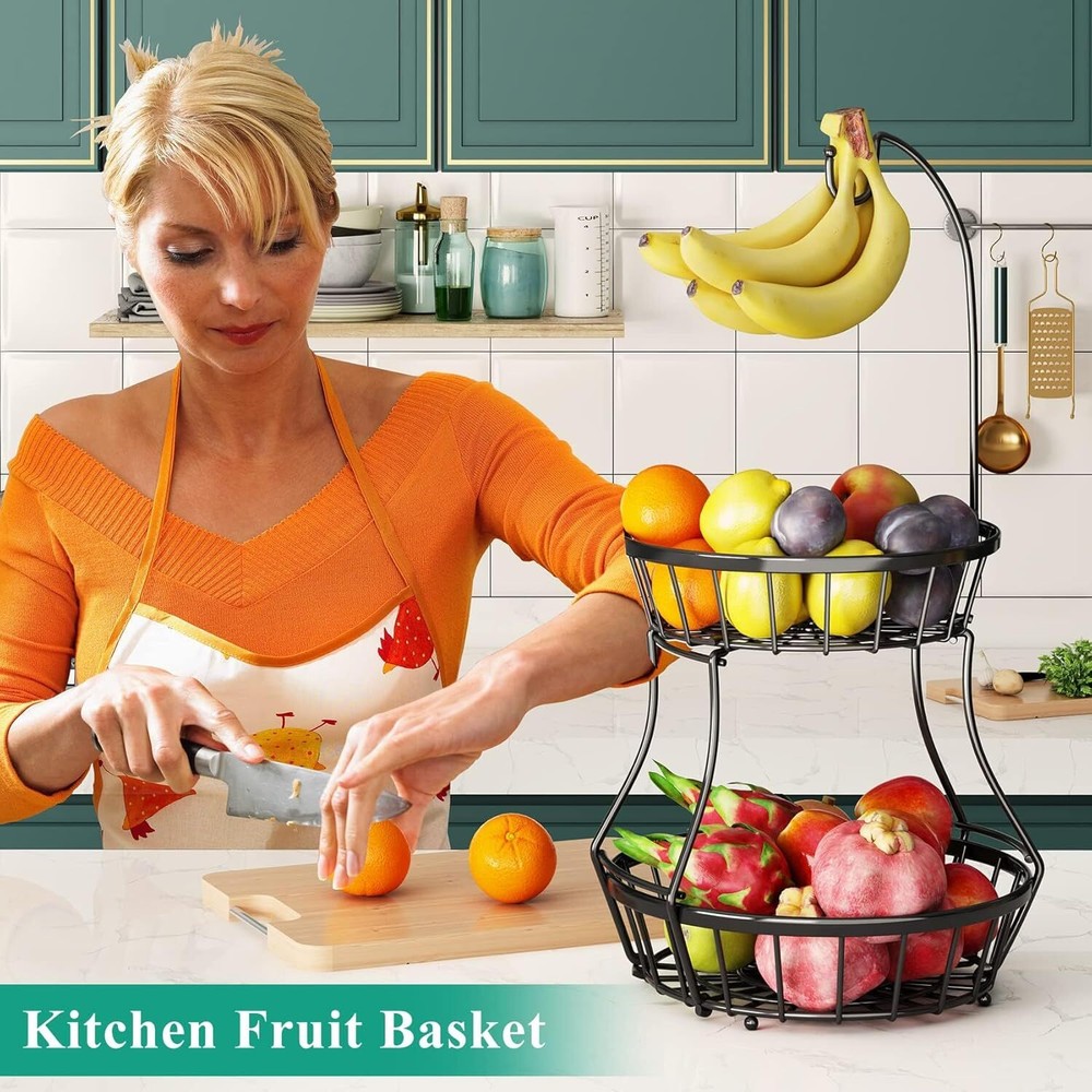2-Tier Fruit Basket Bowl Stackable Vegetable Storage with Banana Tree Hanger Sta