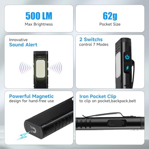 Rechargeable EDC Flashlight with Sound Beeper, Portable Flat Pocket Silver Grey