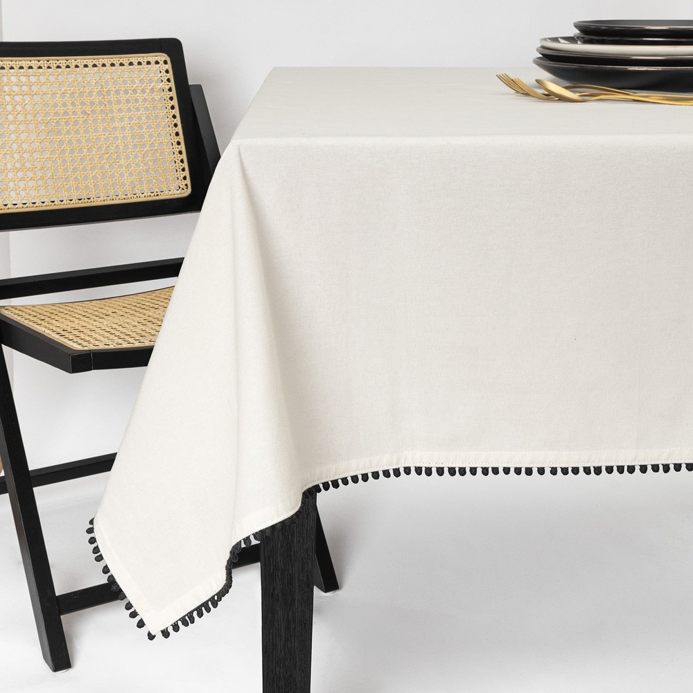 Thyme & Table 102" Rectangle Tablecloth, Ivory with Black Pom Pom Trim