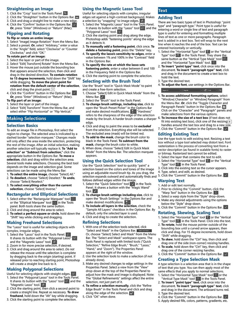 Photoshop CC 2018 Training Guide Quick Reference Card 4 Page Cheat Sheet Help