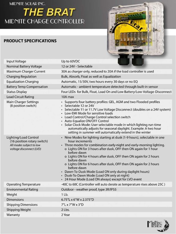 Midnite The Solar Brat Charge Controller 30A PWM w/Lighting Controller & Load US