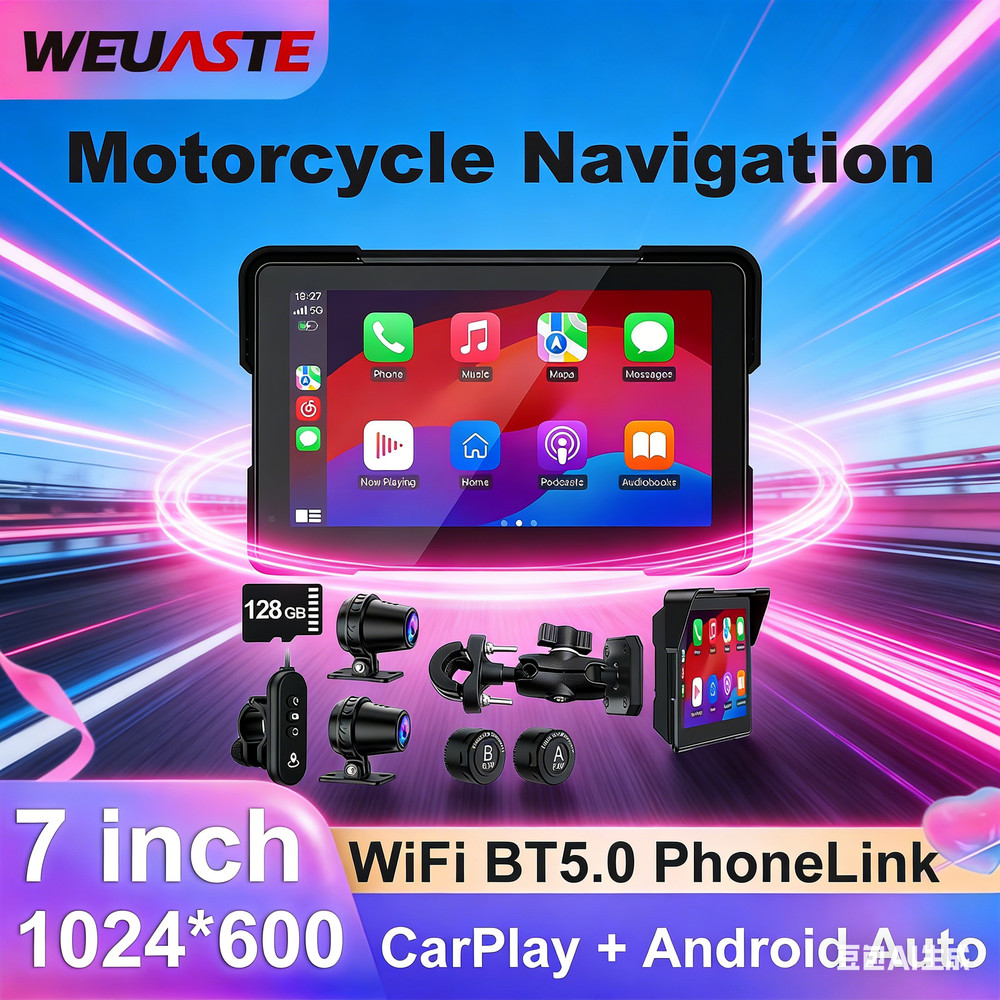 7" Wireless Motorcycle CarPlay & Android Auto GPS Navigation Dual 2K Dash Cam
