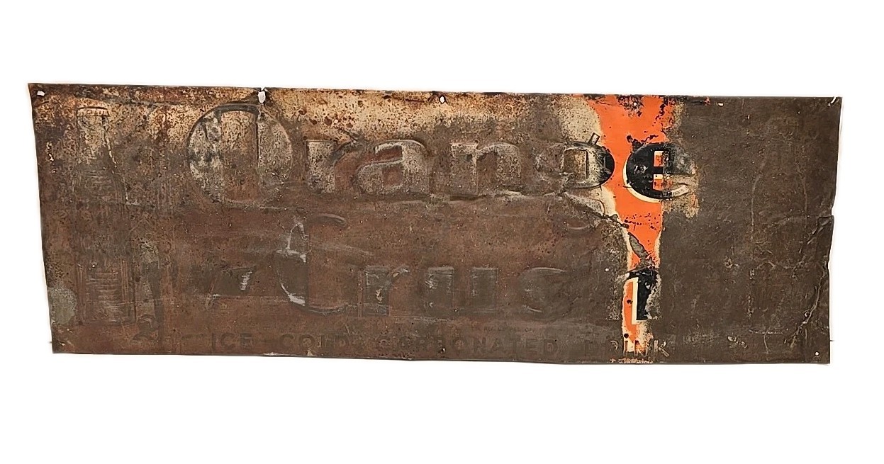 Vintage 1930s Orange Crush Ice Cold Carbonated Drink Embossed Double Bottle Sign