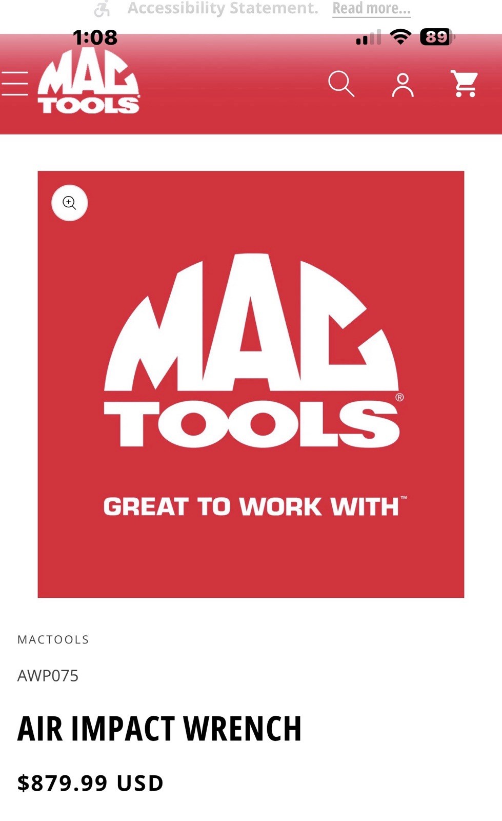 Mac Tools 3/4" Drive Air Impact Wrench AWP075 Titanium 90 PSI MAX-$879.00 Retail