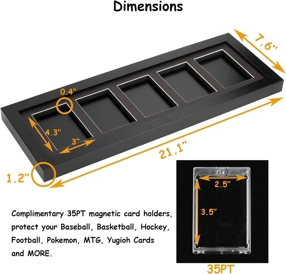Trading Card Display Frame - Wall Mount Baseball 5 cards, Black