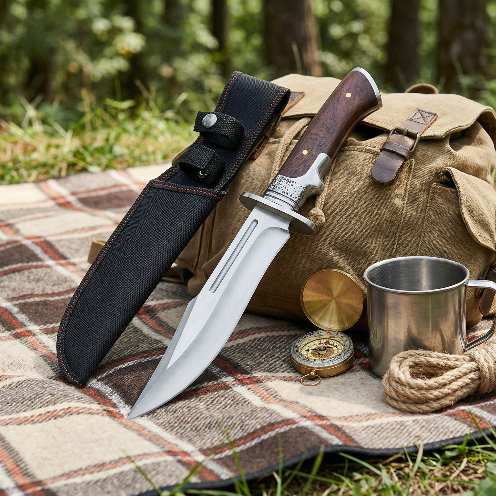 Outdoor Bowie Fixed Blade Knife with Wood Handle and Sheath