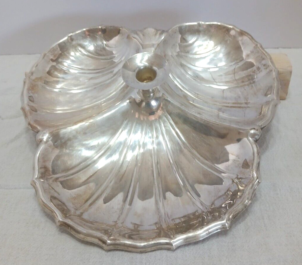 Vintage Silverplate Triple Clamshell Serving Dish with Taper Candle Holder