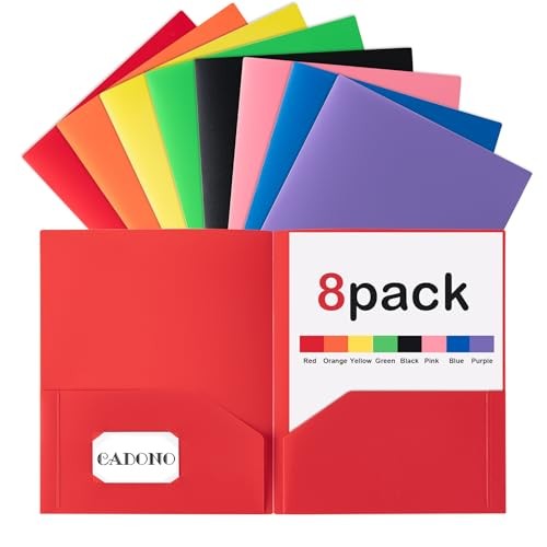 Plastic Folders with Pockets (8 Pack,Assorted Colors), Durable Heavy Duty