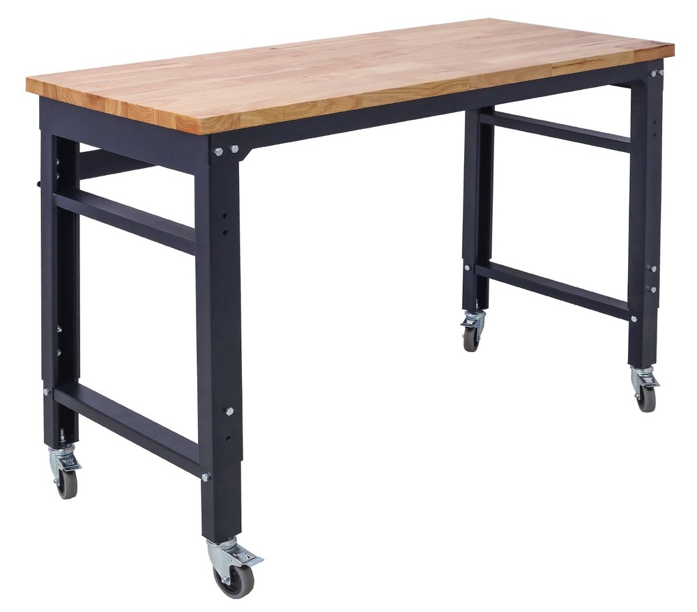 48" Wide Adjustable Height Rolling Workbench with Rubber Wood Top
