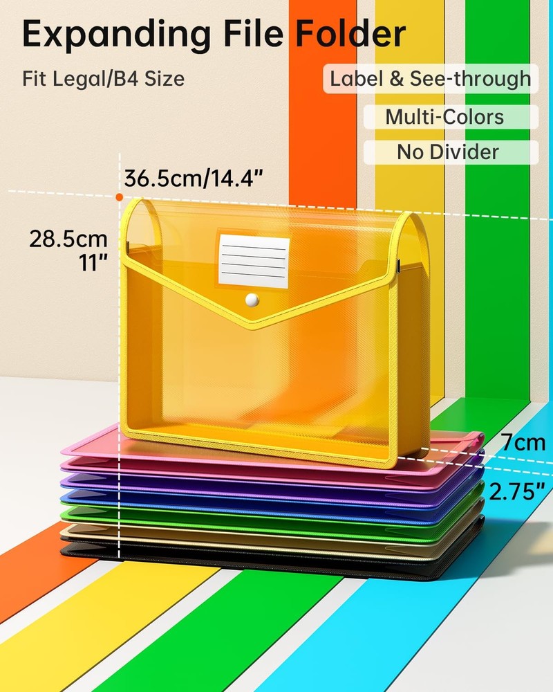 7 Pack Plastic Expanding File Folder, Transparent envelopes with Snap Closure...