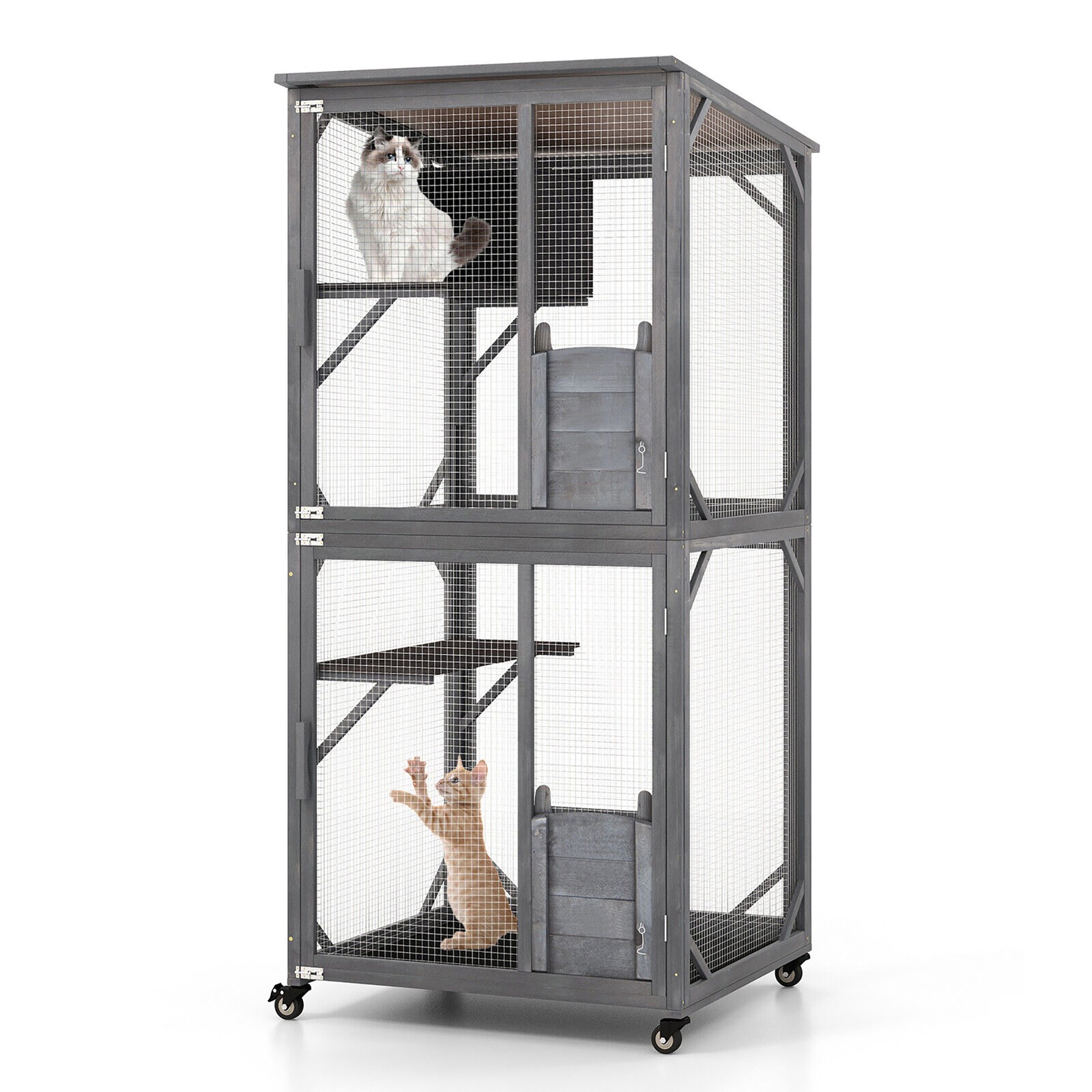 Wooden Cat House 72" Indoor Outdoor Kitten Enclosure Kennel Condo on Wheels Grey