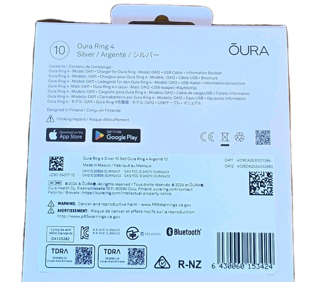 Oura Ring 4 Silver Size 10 Bluetooth Activity Tracker