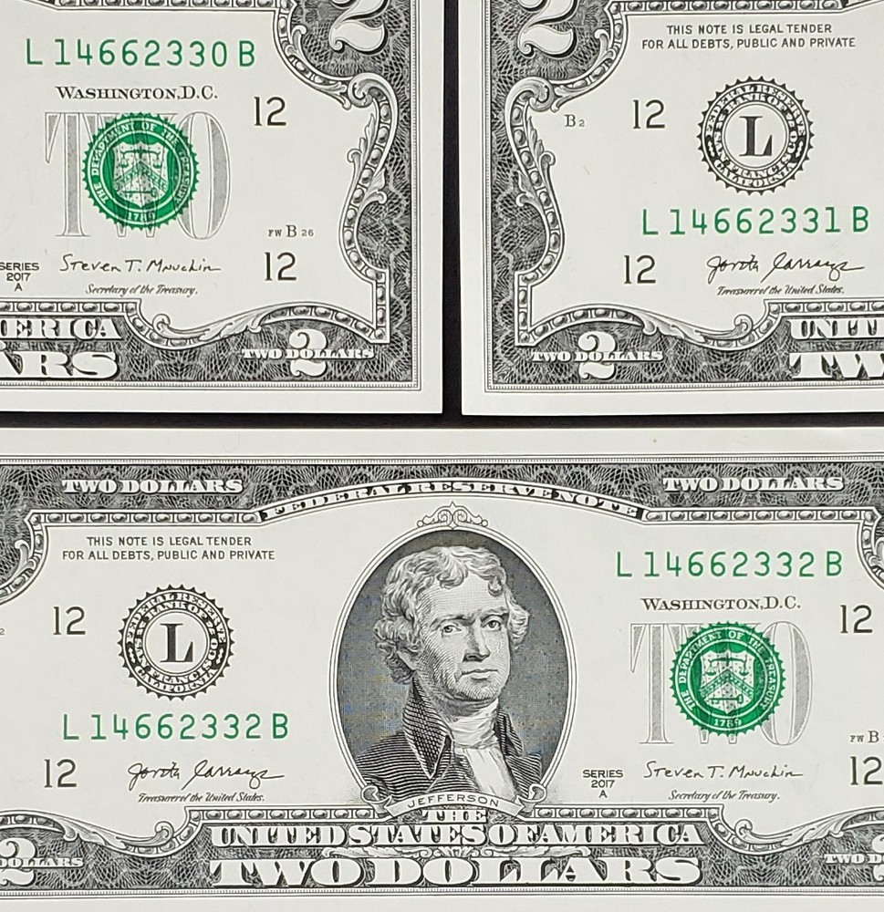 3x $2 Consecutive Notes L14662330B-332B 2017A Crisp UNC Sequential Run