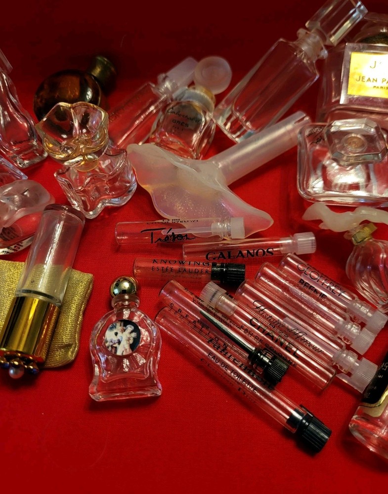 Large Lot 17 Empty Miniature Perfume Bottles and 10 Empty Sample Tubes