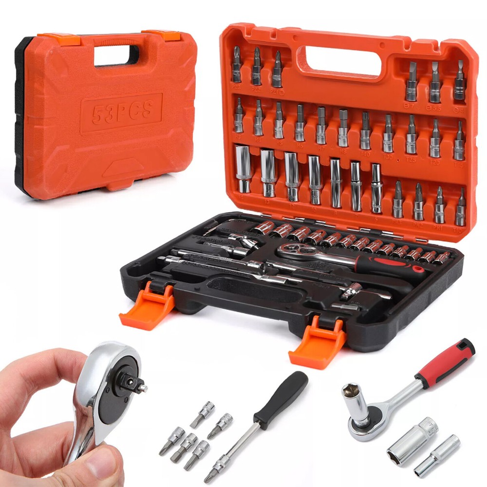 53 Pcs Socket Set 1/4" Drive Socket & Ratchet Set 6-Point SAE & Metric Tool Set