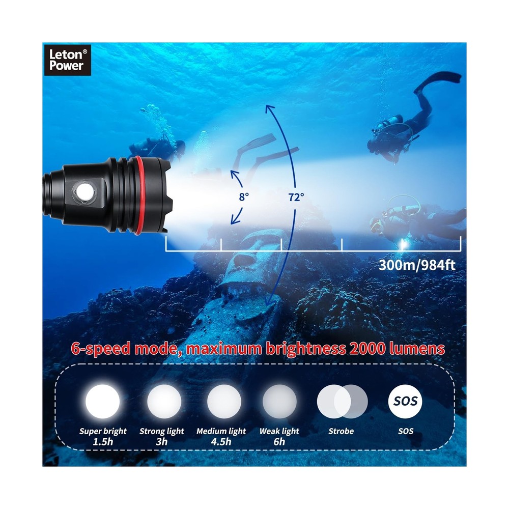 Diving Flashlight, 2000Lumens Dive Light,100m Underwater Flashlight,Dive Ligh...