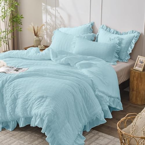 Comforter Set, 3 Pieces Seersucker Comforters Size, King Light Blue