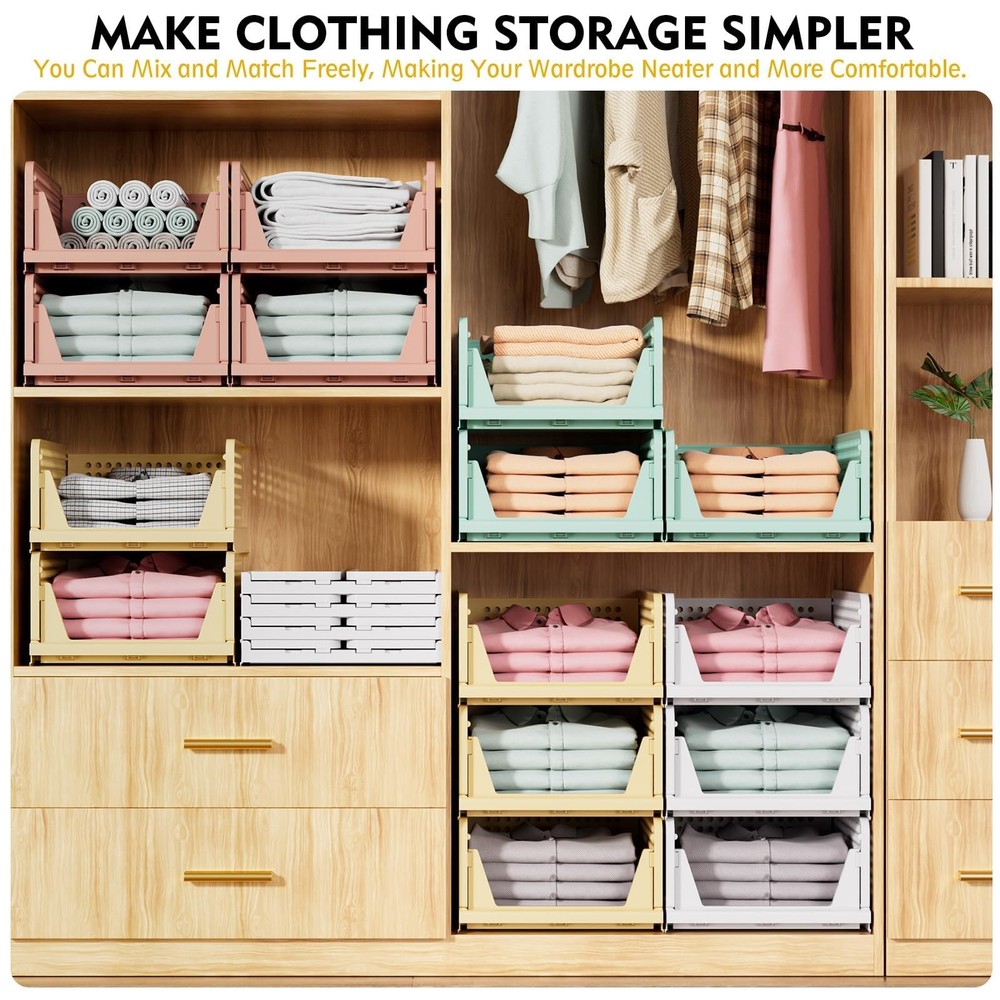 SNSLXH 5 Pack Stackable Closet Storage Basket, Multifunctional & Foldable Closet