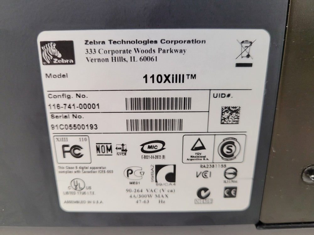 Zebra Model 110 XiIII Plus Thermal Label Printer Lab