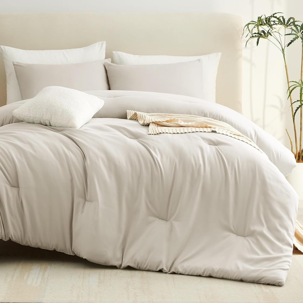 Beige Queen Comforter Set, 3 Pieces Boho Solid Breathable Quilted Style Beddi...