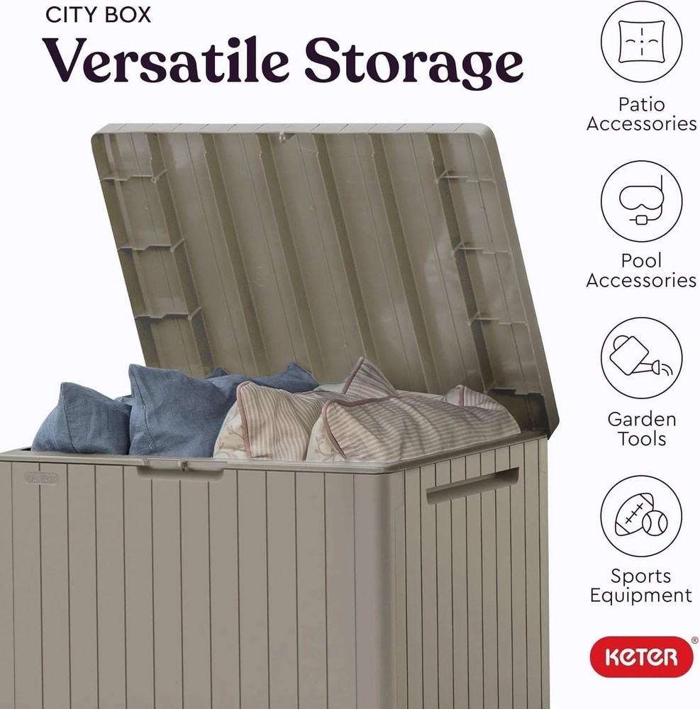 Compact Resin Outdoor Storage Box with Table Function – Lockable Beige Design