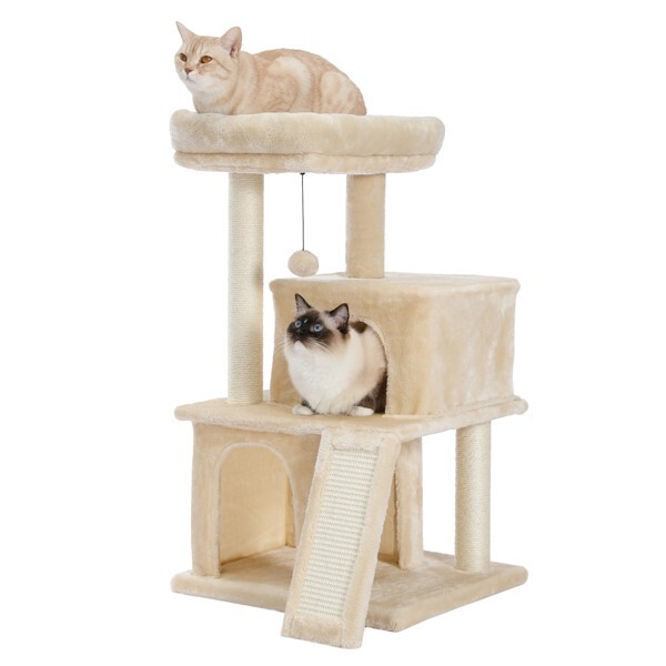 Cat Tree Cat Tower with Double Condos Spacious Perch Sisal Scratching Post Beige