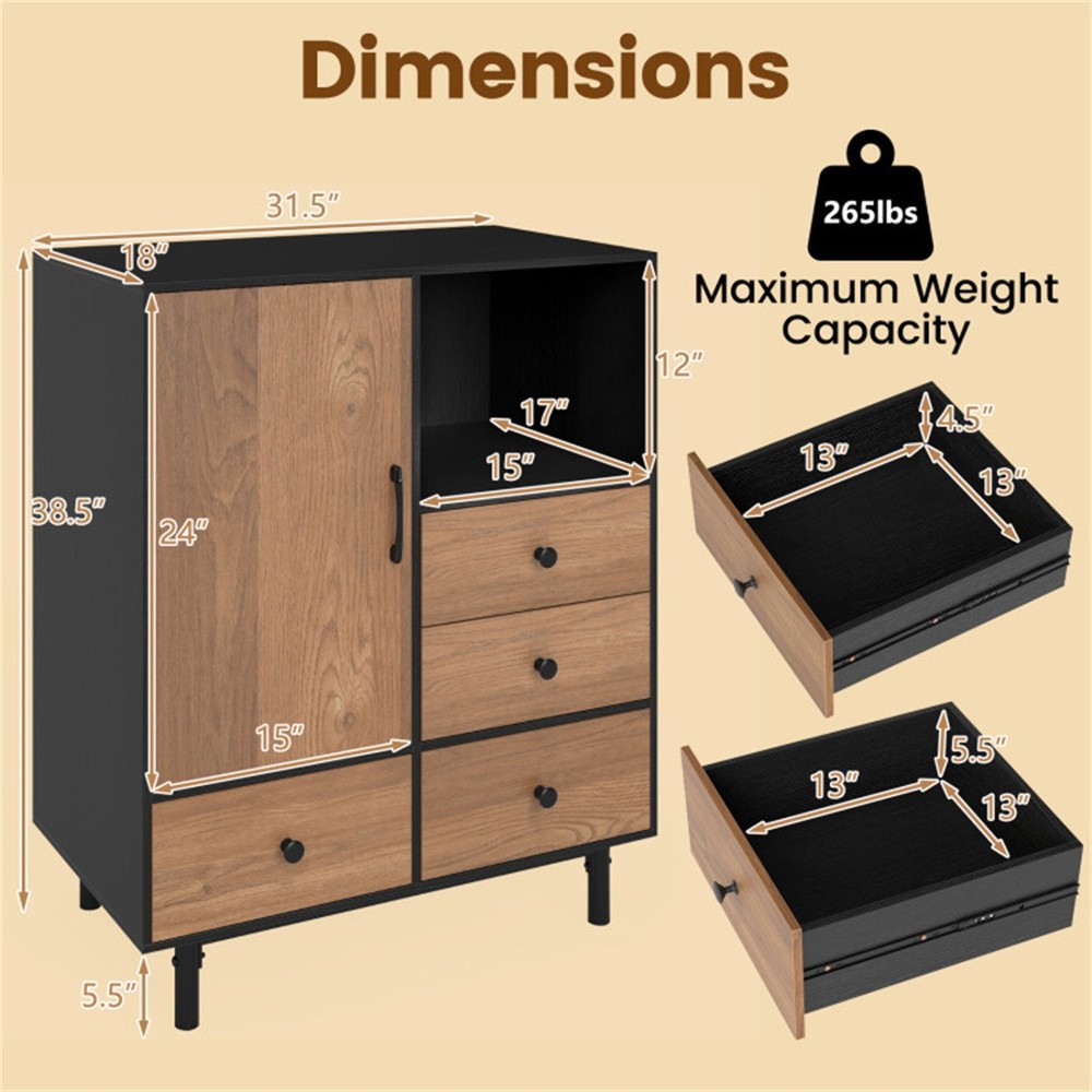 Mid-Century Modern 4-Drawer Sideboard Buffet Cabinet with Storage Black
