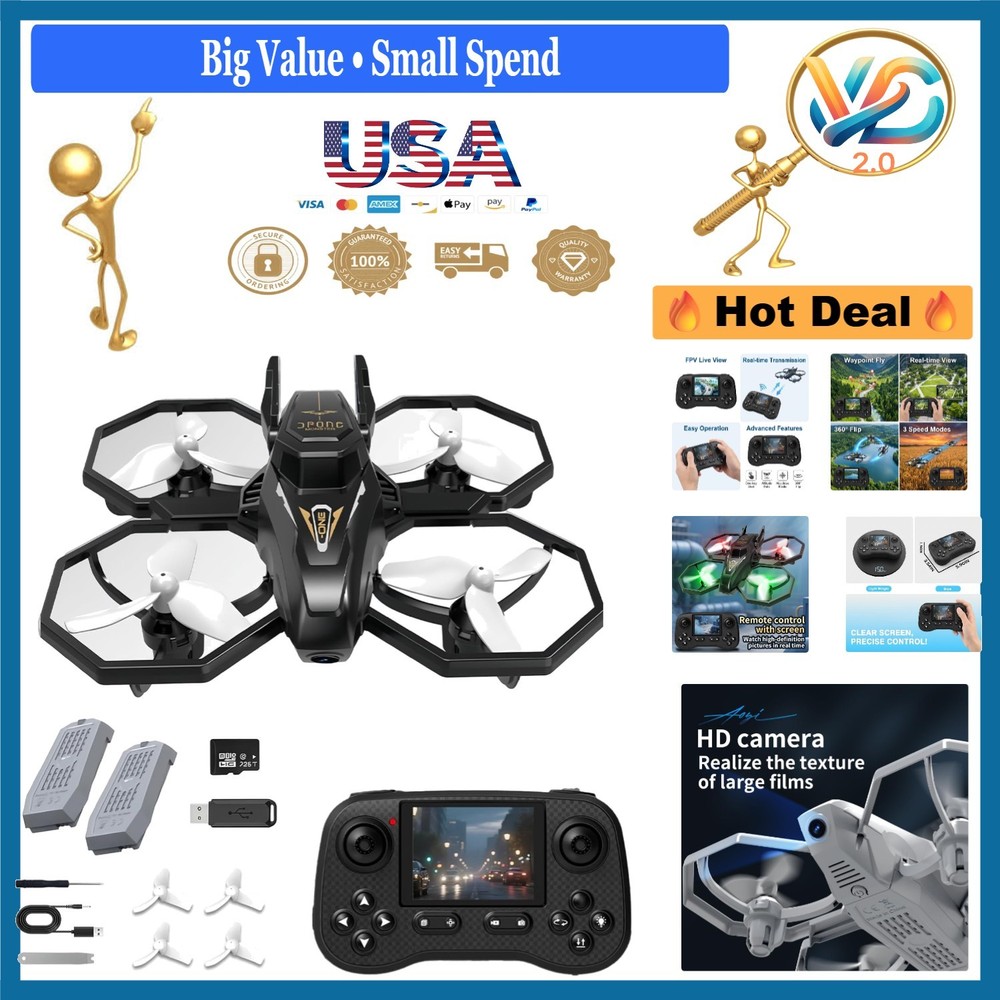 FPV Drone with Screen Controller, 720p HD Camera, Obstacle Avoidance, 2 Batte...