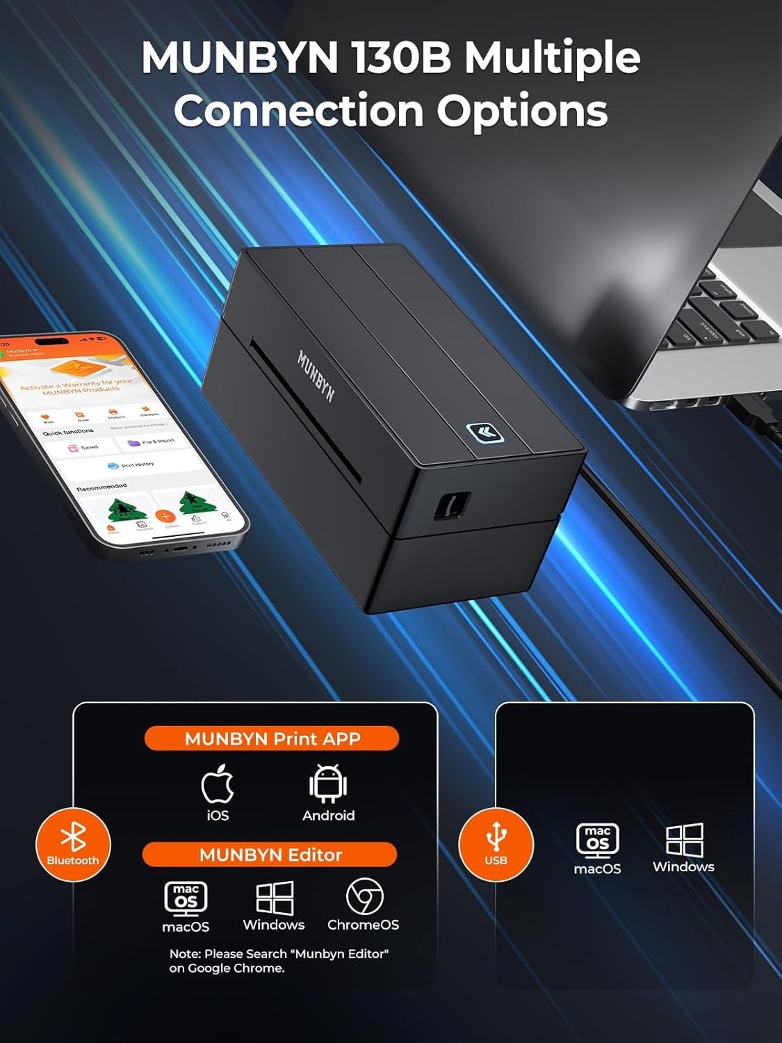 MUNBYN Bluetooth Thermal Label Printer, 130B Wireless 4x6 Shipping Label Printer