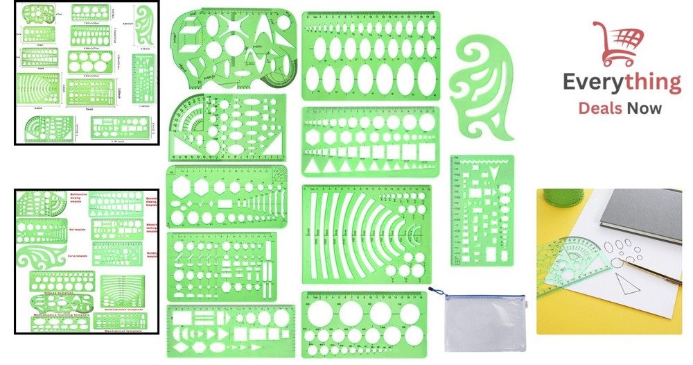 11pc Geometric Drawing Template Set Plastic Drafting Stencils School & Office