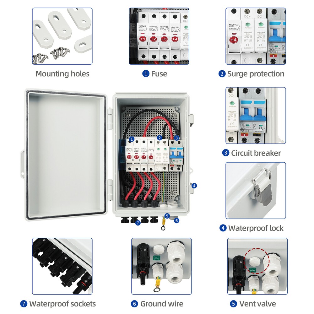 4String Solar PV Combiner Box 63A Circuit Breaker Solar Panel System Waterproof