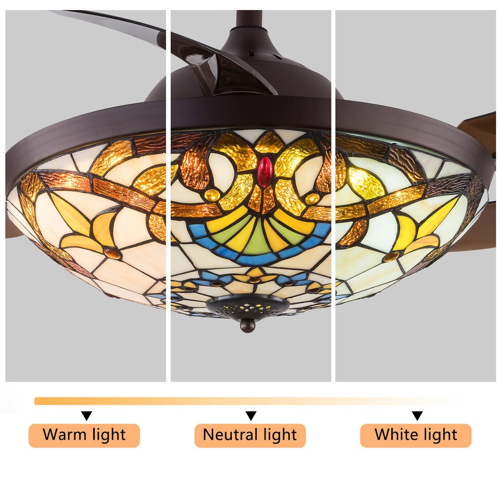 42" Tiffany Retractable Ceiling Fan & Remote + Light LED Dimmable Chandelier