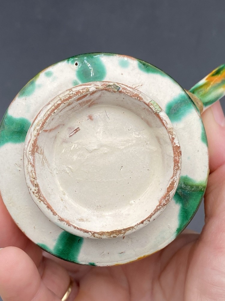 Vintage Rustic Drip Glaze Handled Cup Antique Pattern Yellow Green