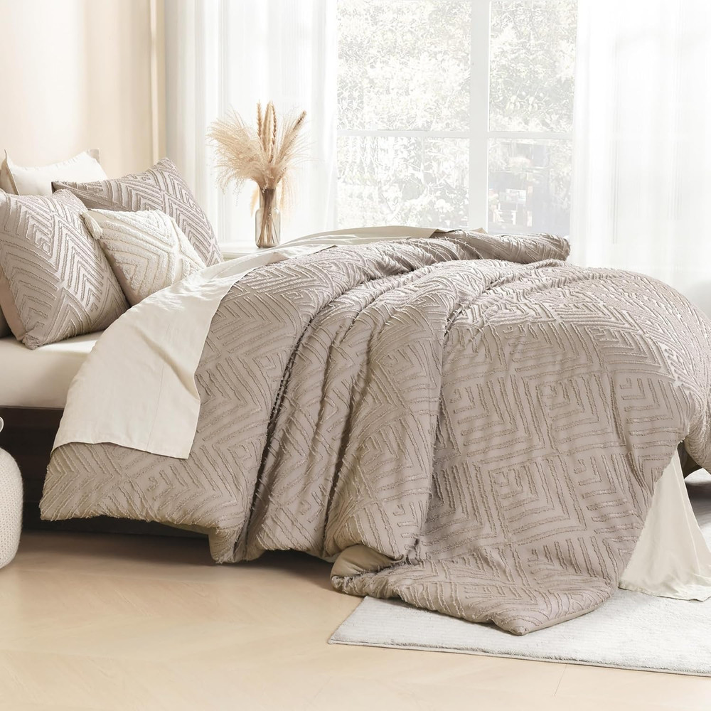 King Size Light Coffee Tufted Boho Comforter Set, 3 Pieces