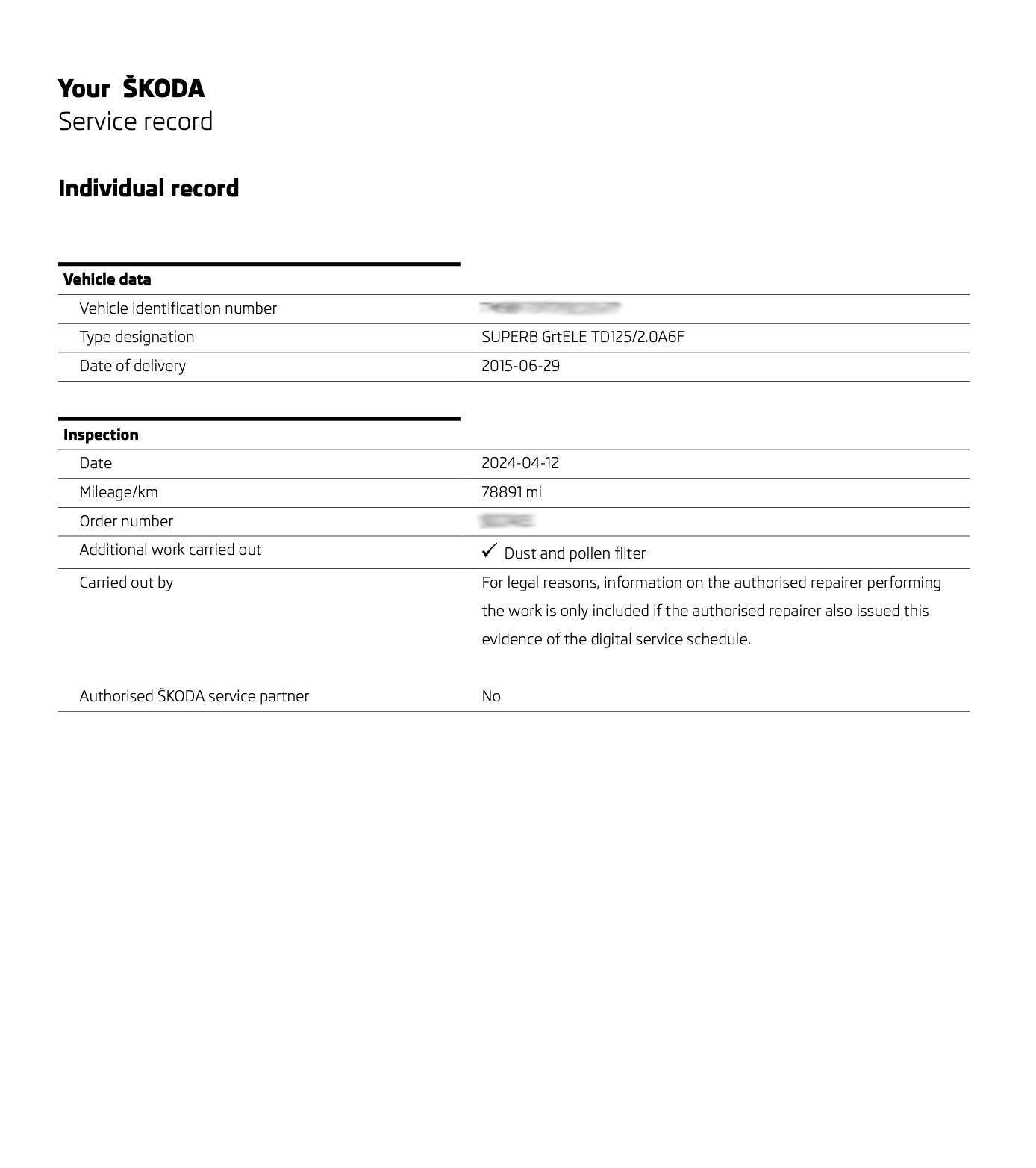 Skoda Service History Records (Service Report)