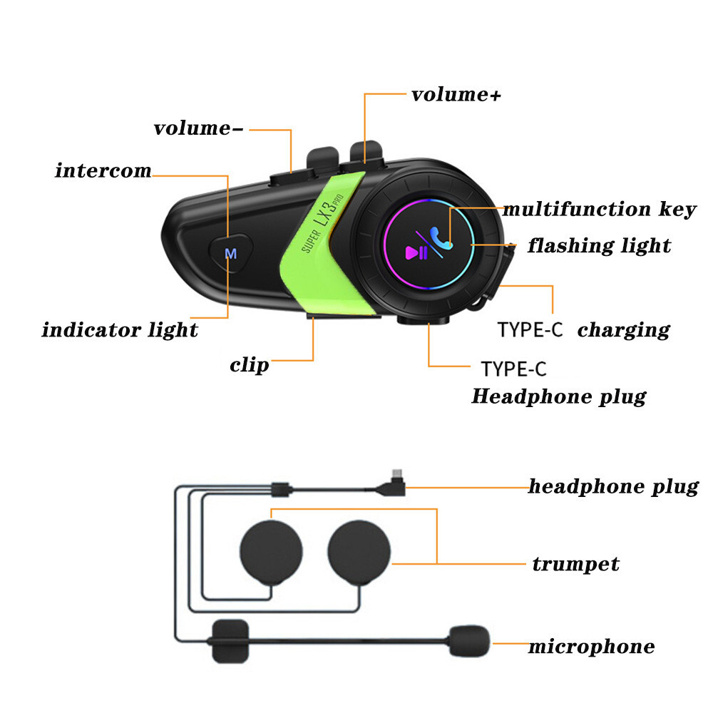 Bluetooth Wireless BT Helmet Intercom Headset TYPE-C Charging Fit For Motorcycle