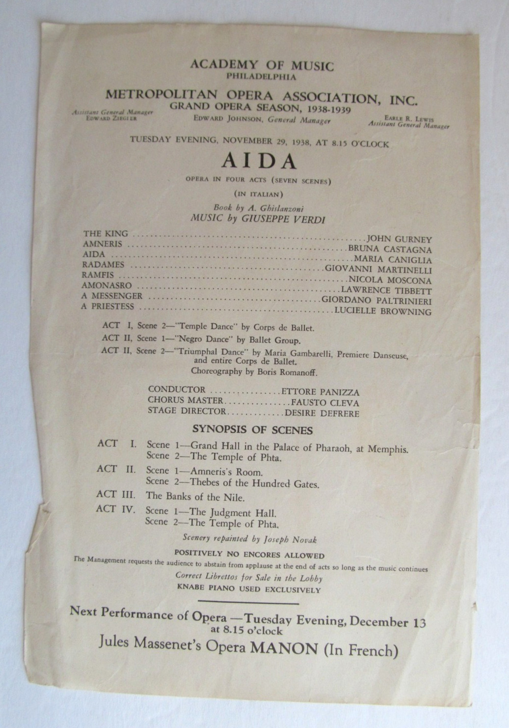 Program - Aida - 1938 - Met Opera Philadelphia - Caniglia, Tibbett, Martinelli