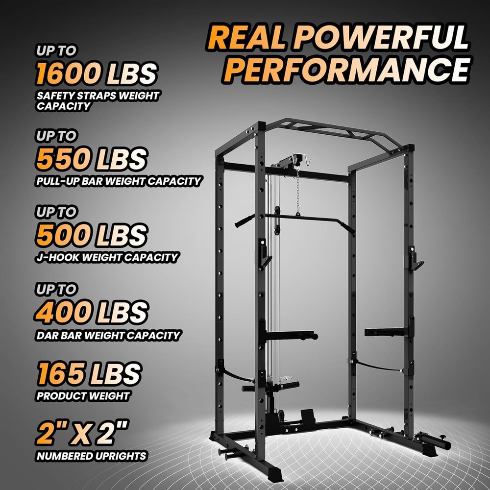Power Cage with LAT Pulldown, Multi-Functional Power Rack with J-Hooks