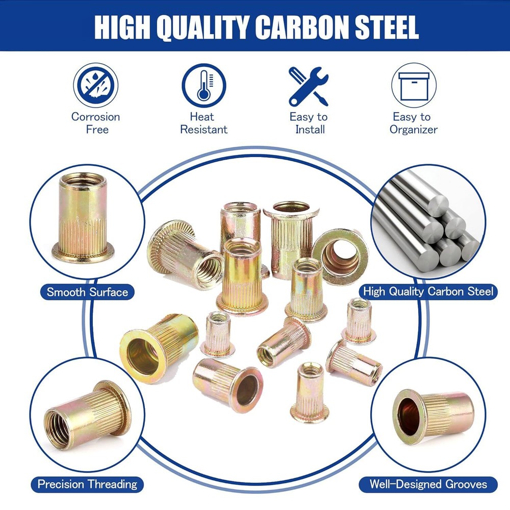 20 Pcs Rivet Nut 1/2"-13 UNC Flat Head Rivnut Threaded Insert Nut Zinc Plated