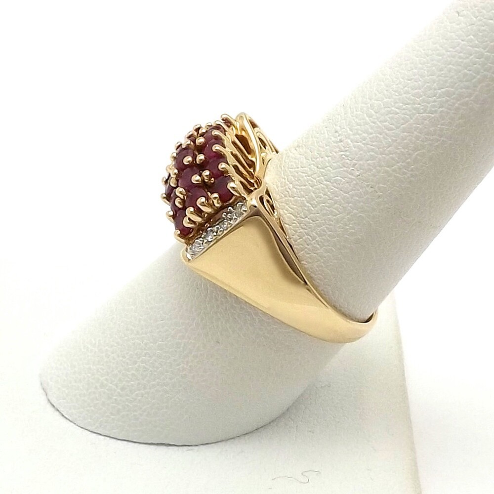 14k Gold Natural Ruby Diamond Ring High Set Triple Row Setting