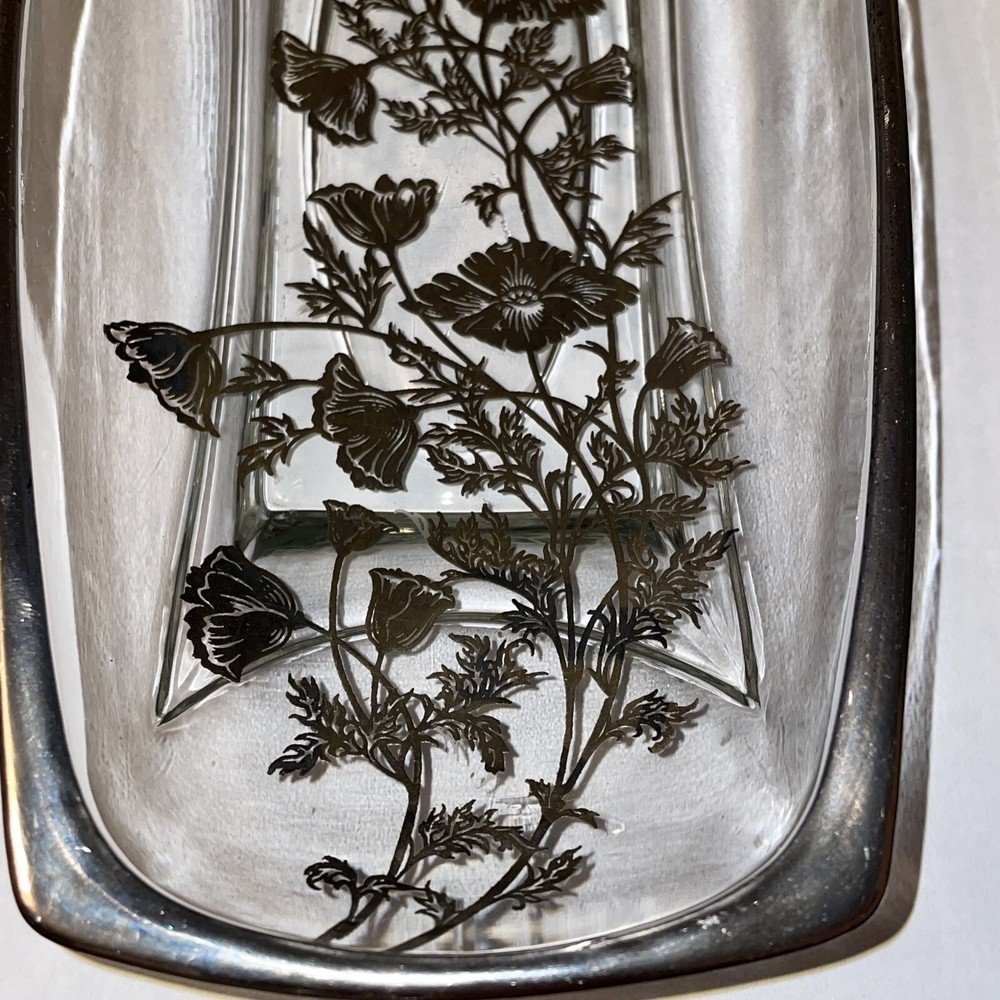 Vintage Flanders Silver Floral Overlay Rectangular 9” Condiment Dish *FLAWED*