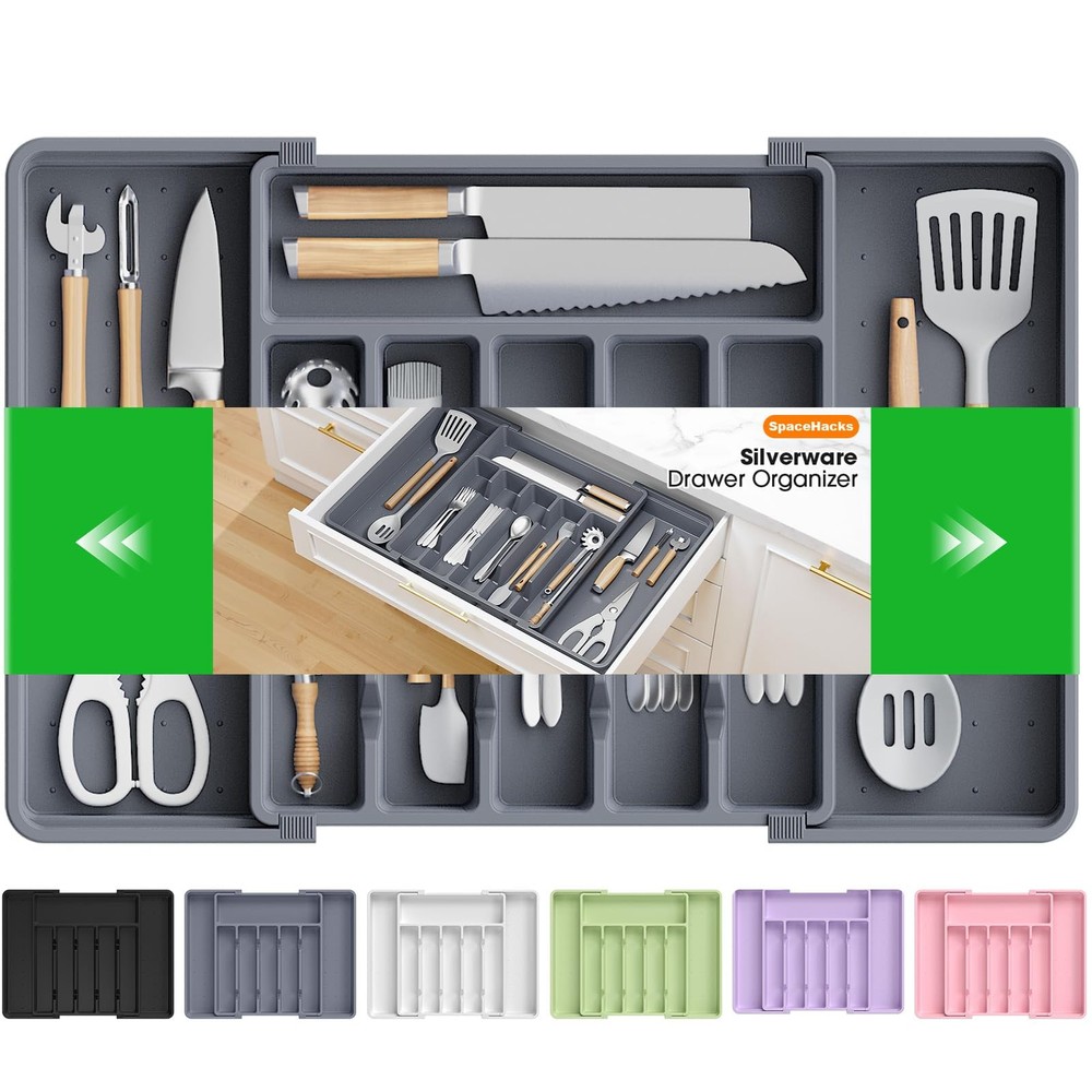 SpaceHacks Silverware Organizer，Adjustable & Expandable Utensil Large, Grey
