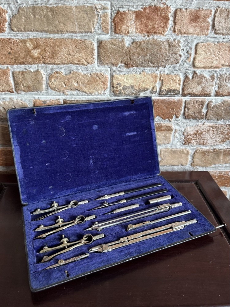 Vintage Brass & Steel Drafting Compass Set in Case – c1930s-50s, Complete