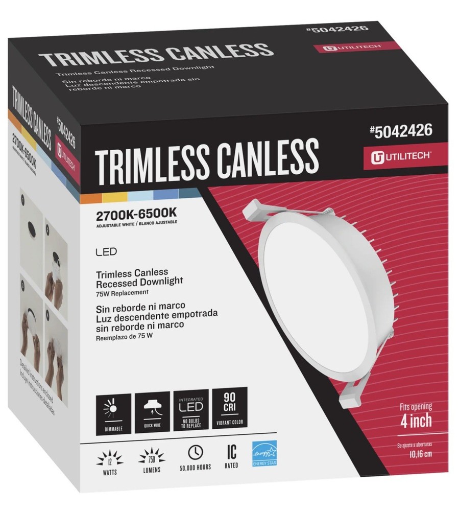 Utilitech 4” 750 Lumens LED Canless Trimless Recessed Downlight Dimmable Light