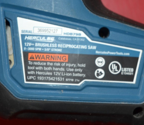 Hercules 12v Brushless Cordless Compact Reciprocating Saw-(TOOL ONLY/UNTESTED)