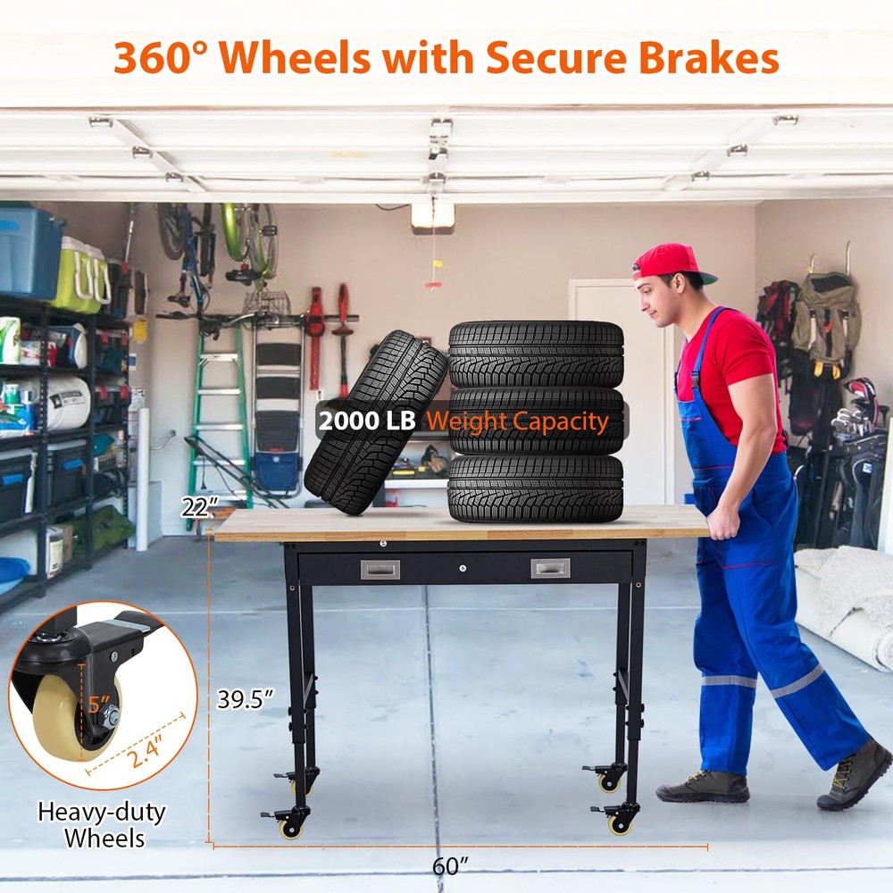 60" Workbench with Drawer Storage Adjustable Height Worktable for Garage Top