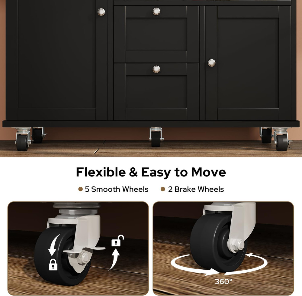 Portable Rolling Kitchen Island with Storage, Drop Leaf Countertop, Black