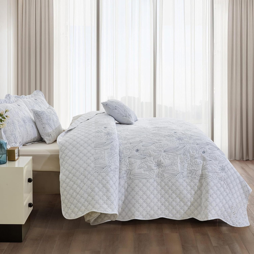 Botanical Oversized Bedspread King Size - Leaves Pattern Stitching Quilt Set - E