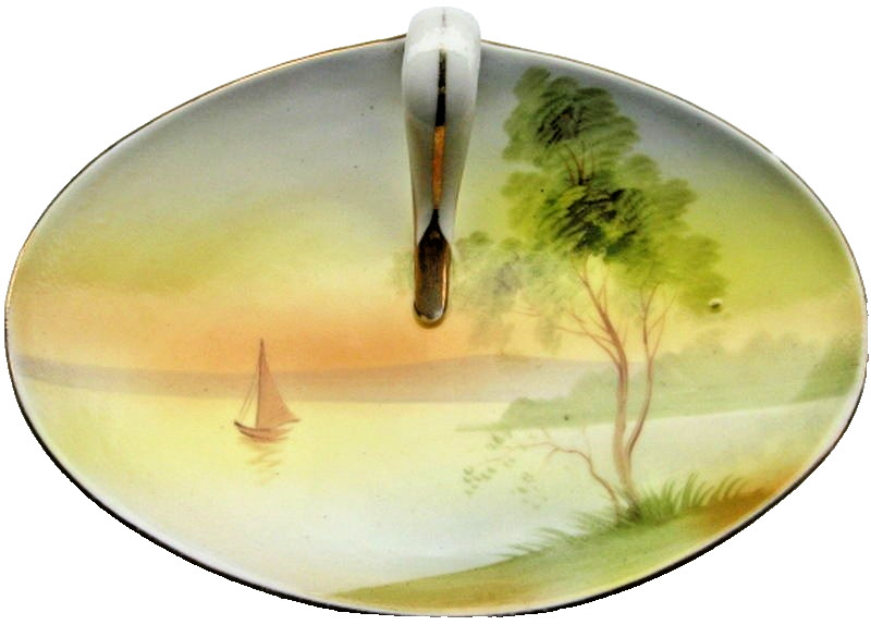 Nippon Candy Nut Dish Hand Painted Finger Loop Handle White Porcelain