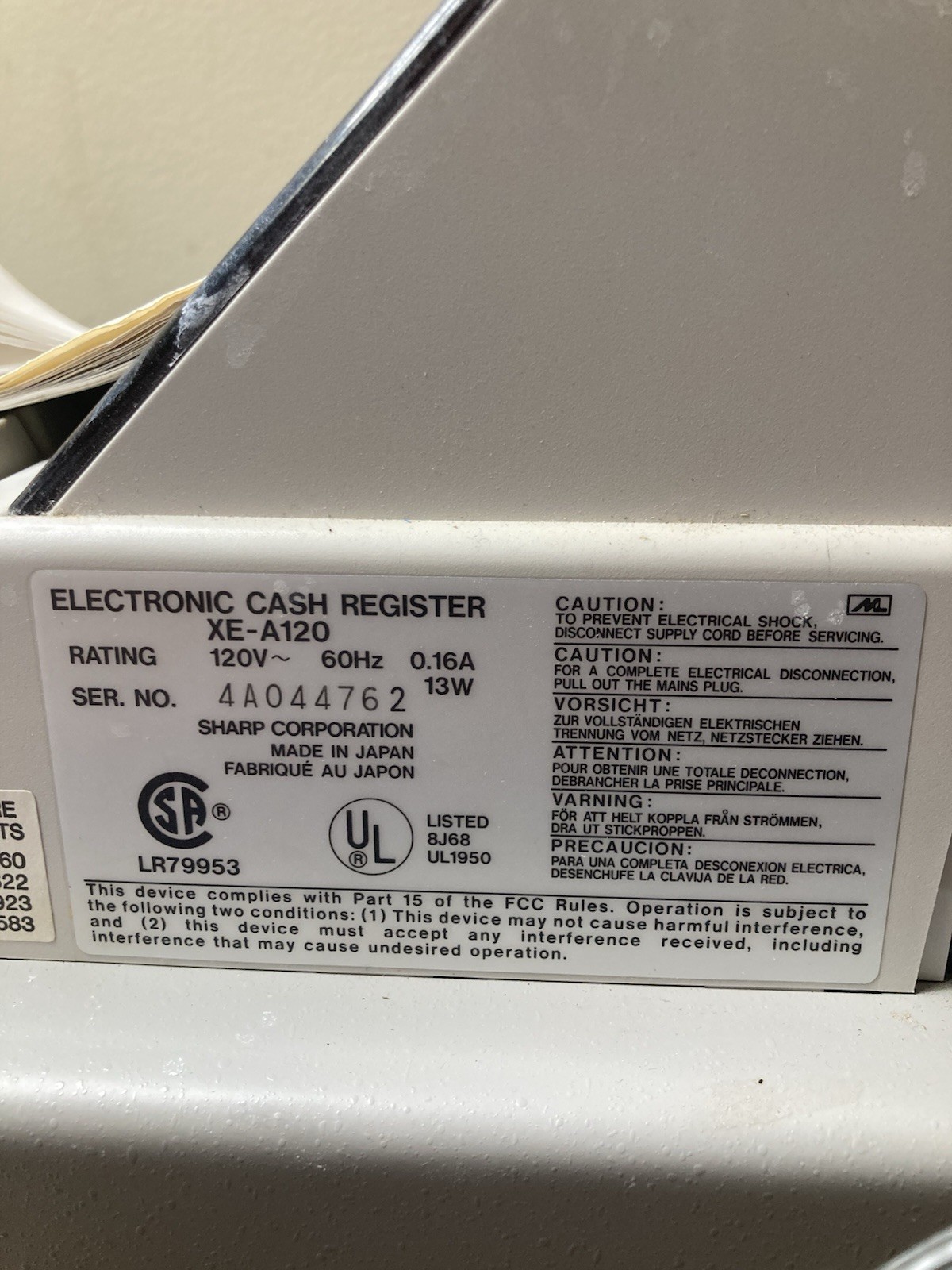 Sharp XE-A120 Electronic Cash Register With Key Cash Drawer Manual